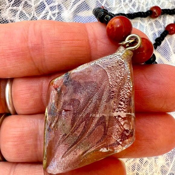 Vintage Art Glass & Genuine Red Jasper Stone Seed Bead Choker Necklace - Picture 8 of 12